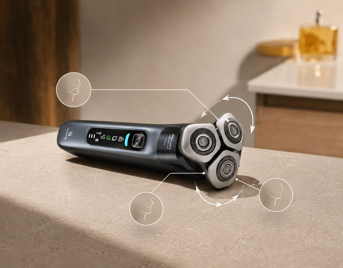 Philips Norelco i9000 shaver adapting around the jaw and neck with flexible rotary heads