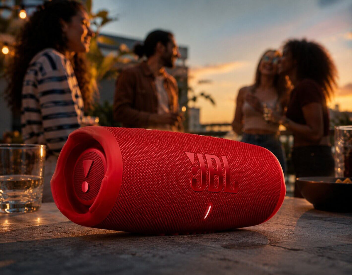 JBL Charge 5 red portable speaker delivering powerful JBL Pro Sound