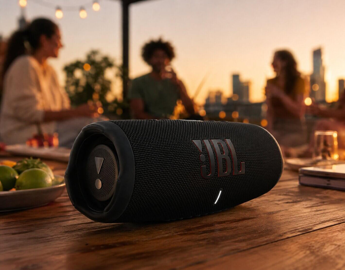 JBL Charge 5 black portable speaker delivering powerful JBL Pro Sound