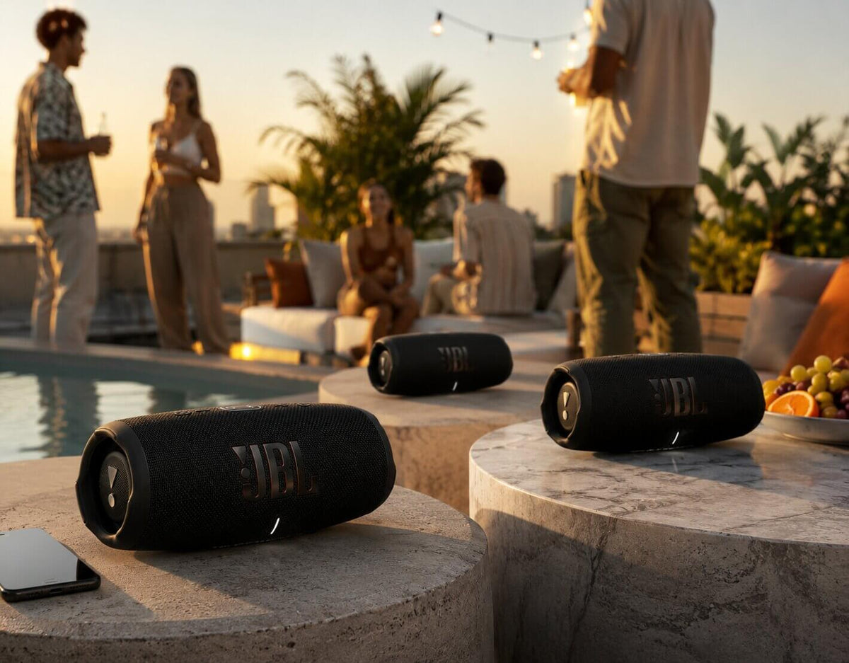 Multiple JBL Charge 5 speakers connected with JBL PartyBoost