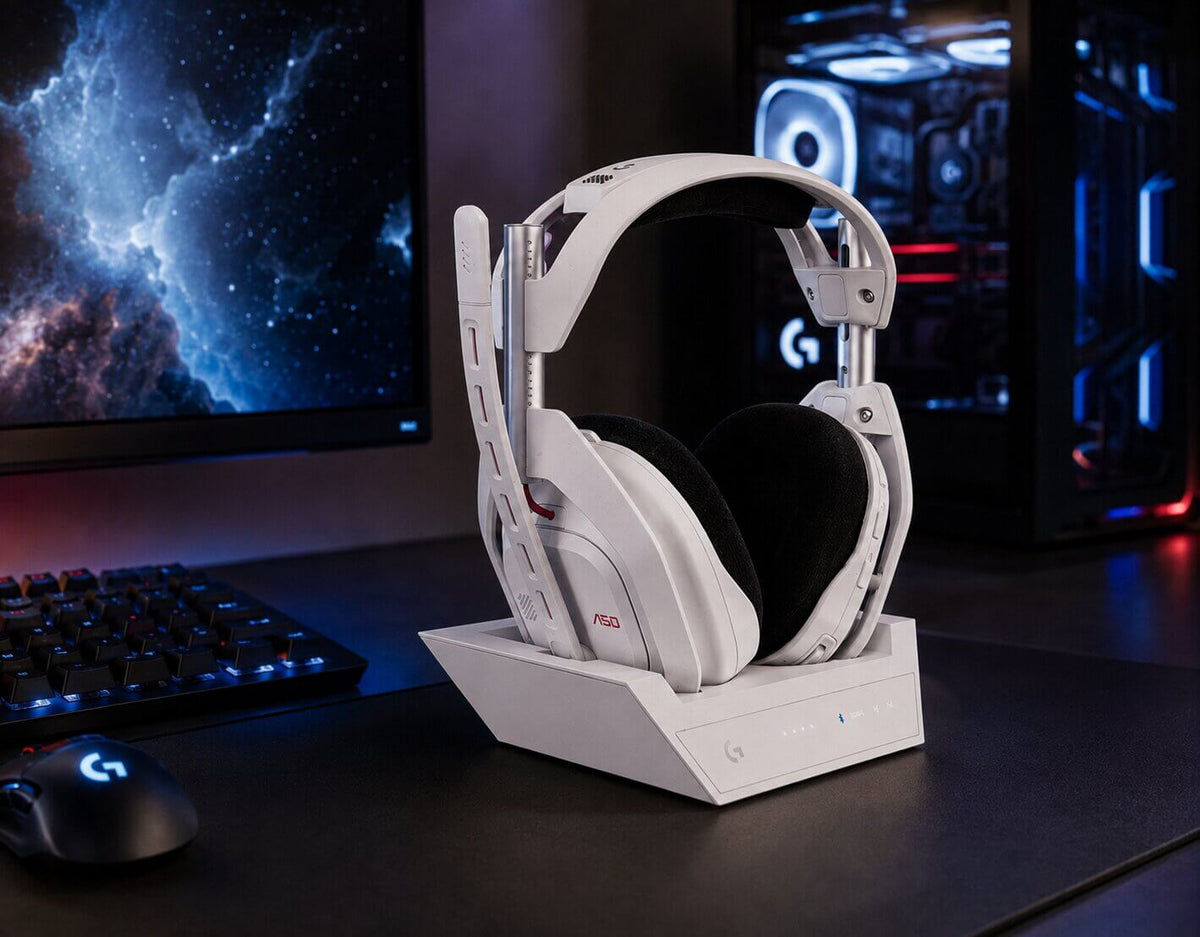 Logitech Astro A50 Gen 5 wireless headset charging on magnetic base station