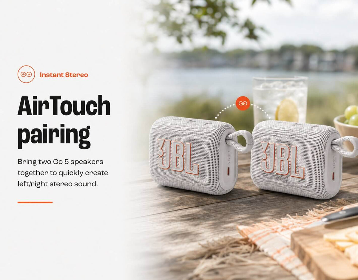 Two JBL Go 5 speakers paired together for stereo sound using AirTouch