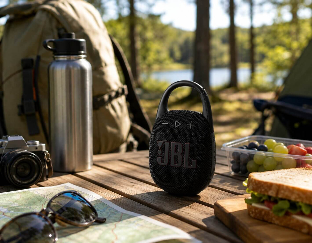 JBL Clip 5 portable speaker used throughout an outdoor day