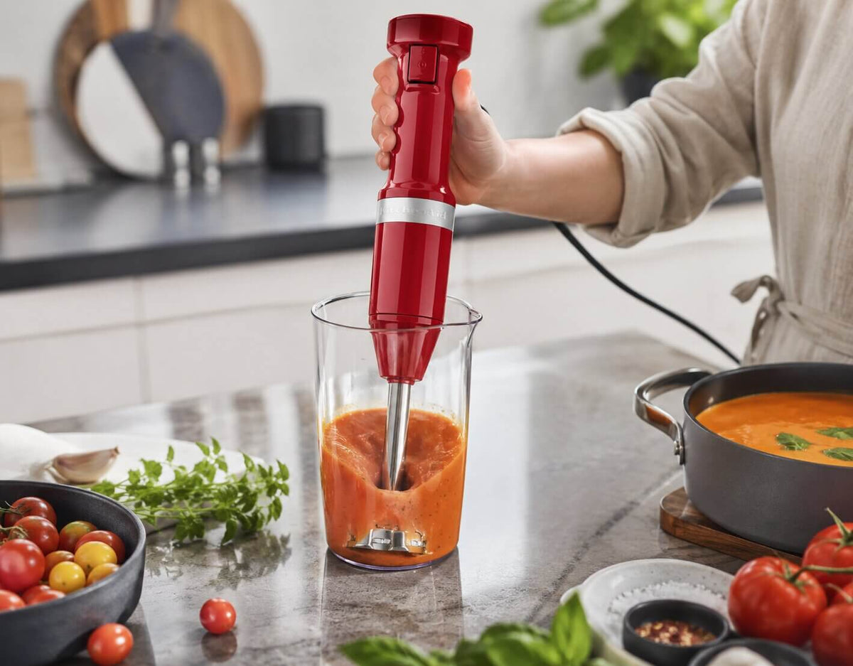 KitchenAid hand blender stainless steel 4-point blade blending ingredients