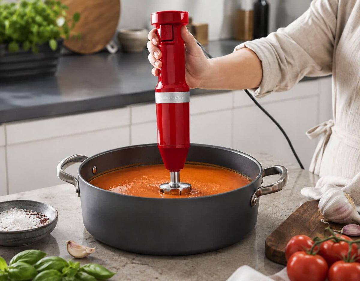 KitchenAid immersion blender with removable pan guard blending inside a cooking pot