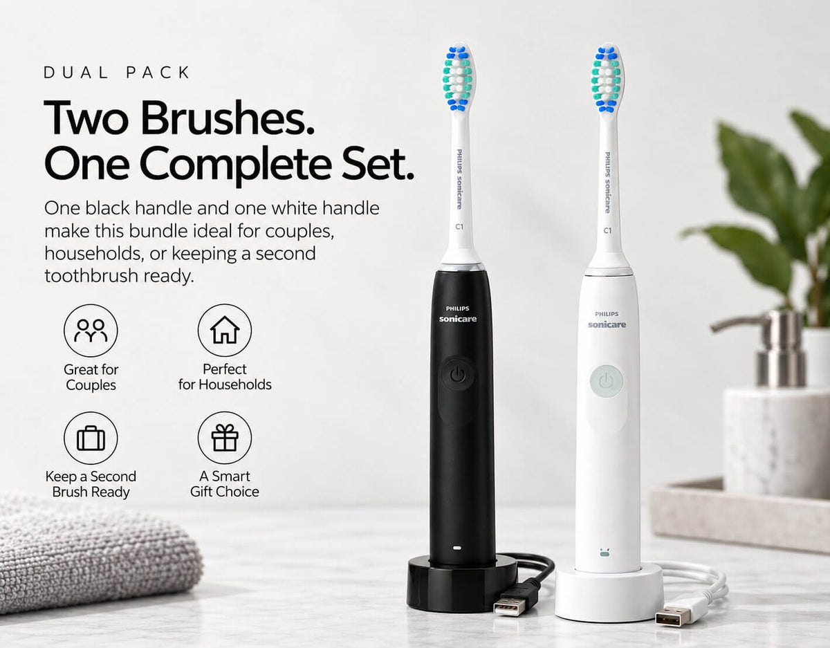 Philips Sonicare 2300 black and white rechargeable electric toothbrush two pack