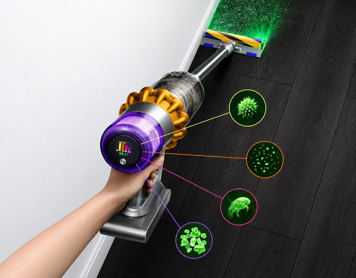 Dyson V15 Detect Fluffy Optic cleaner head revealing fine dust on hard flooring