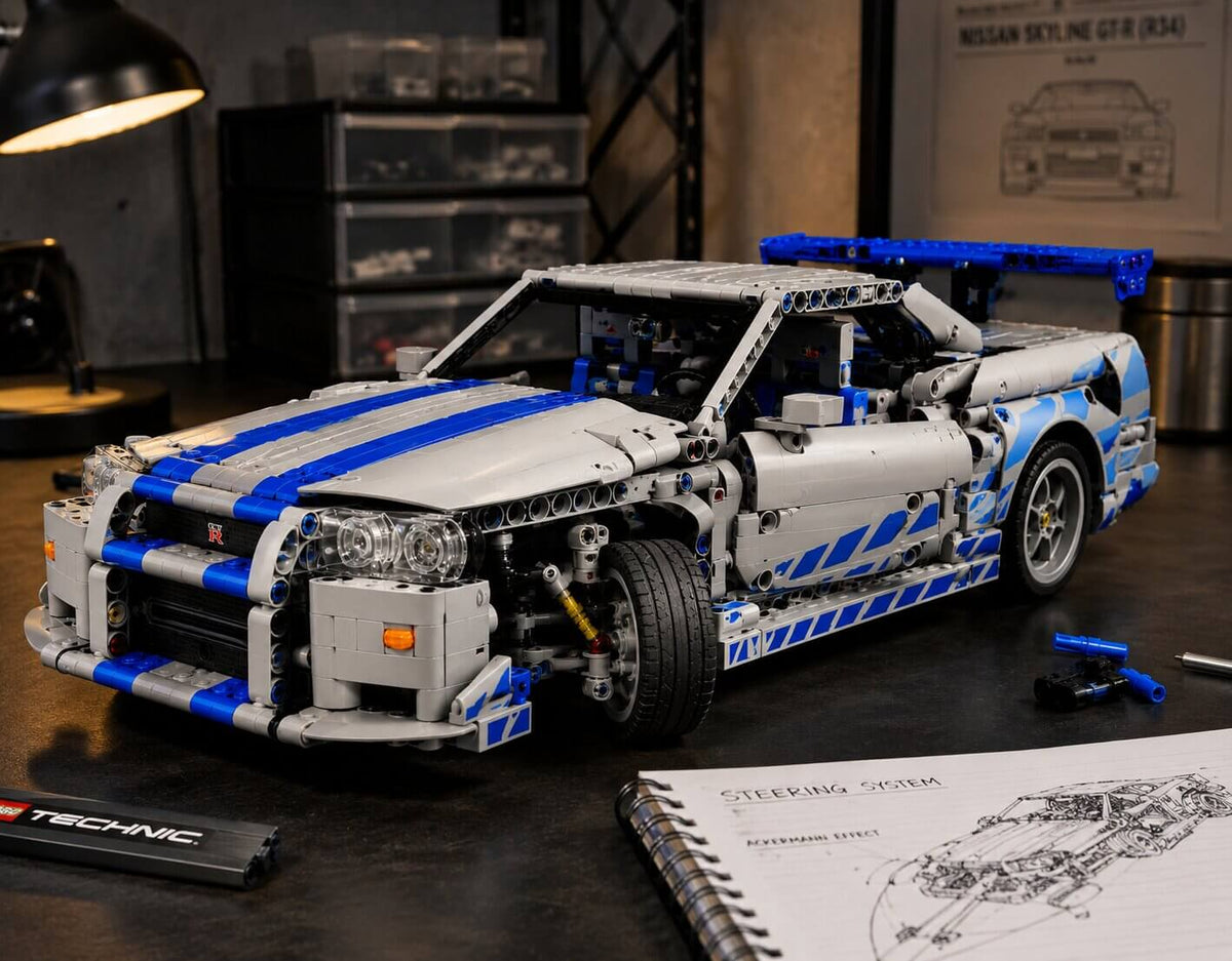 LEGO Nissan Skyline R34 showing steering and suspension details