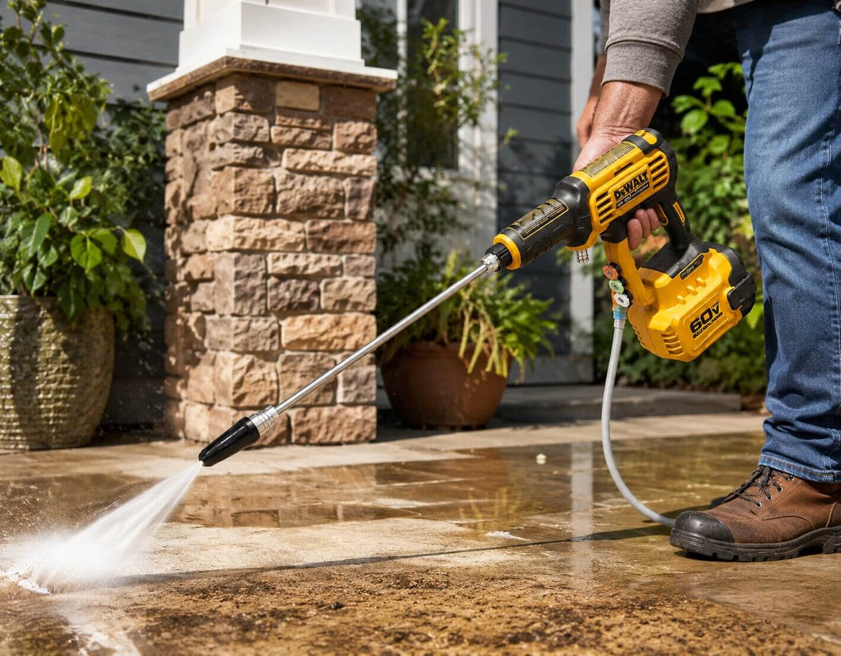 DEWALT DCPW1000B cordless power cleaner spraying high-pressure water