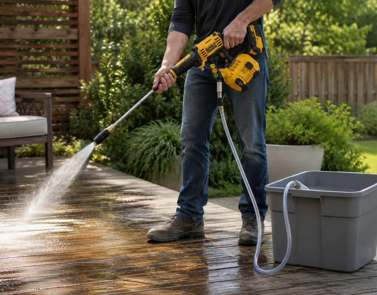 DEWALT power cleaner drawing water from a bucket with suction hose