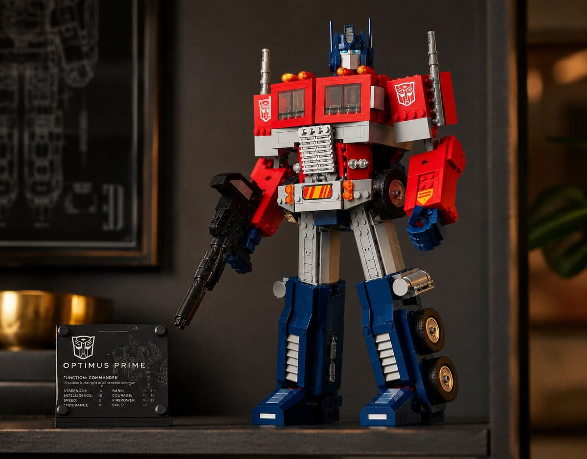 LEGO Optimus Prime 10302 displayed with collector information plaque