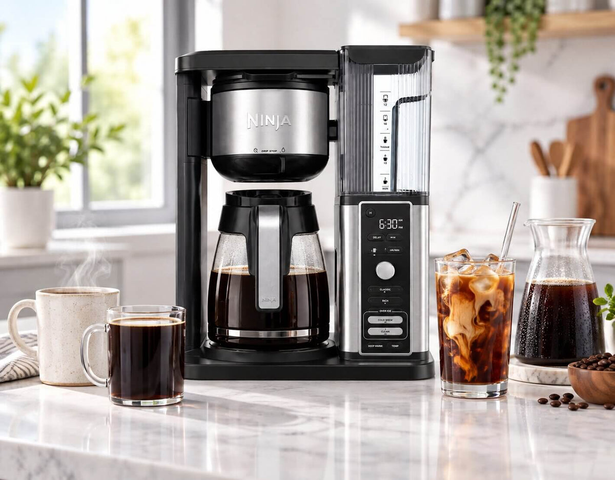 Ninja CM371 Hot & Iced XL Coffee Maker brewing hot iced and cold brew coffee.