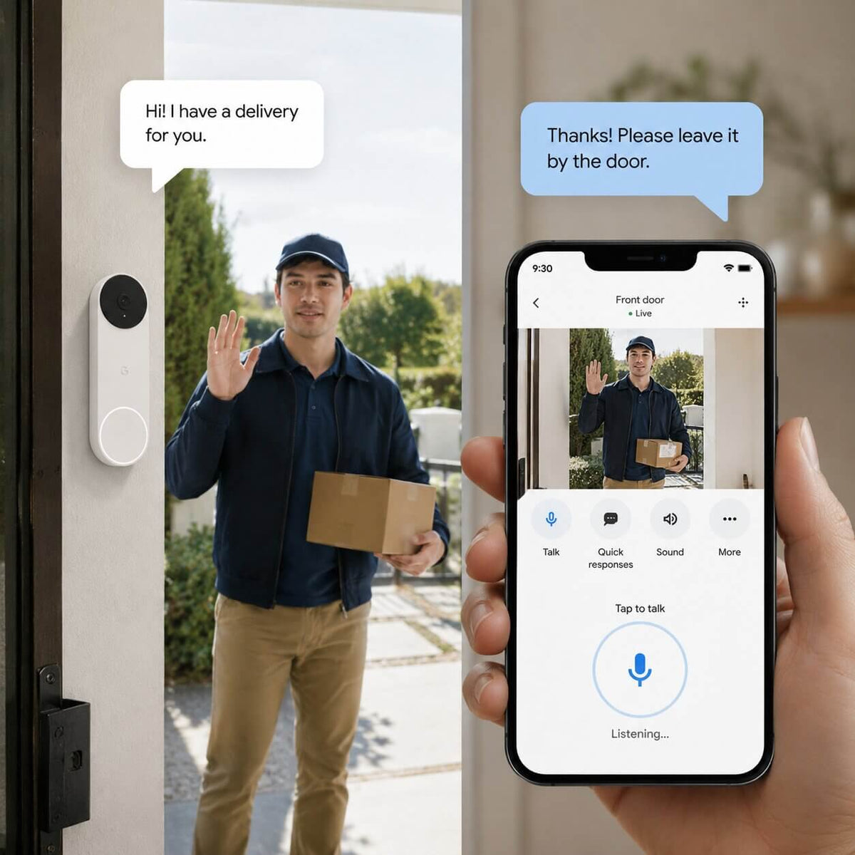 Homeowner talking to visitor using Google Nest Doorbell
