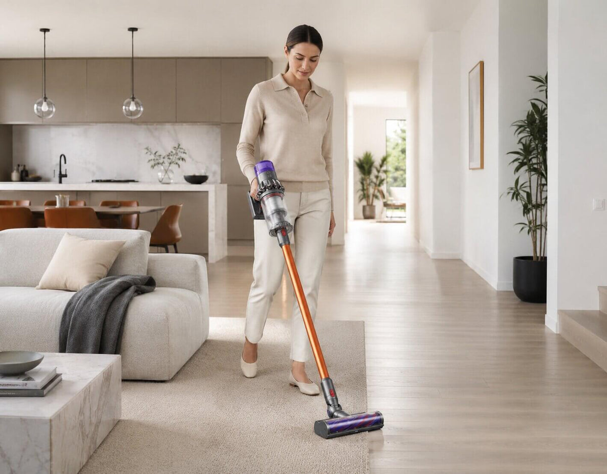 Dyson Cyclone V10 cordless vacuum cleaning multiple rooms on one charge