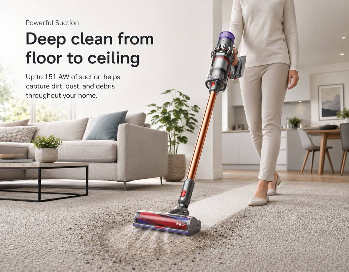 Dyson Cyclone V10 cordless vacuum deep cleaning carpet with powerful suction