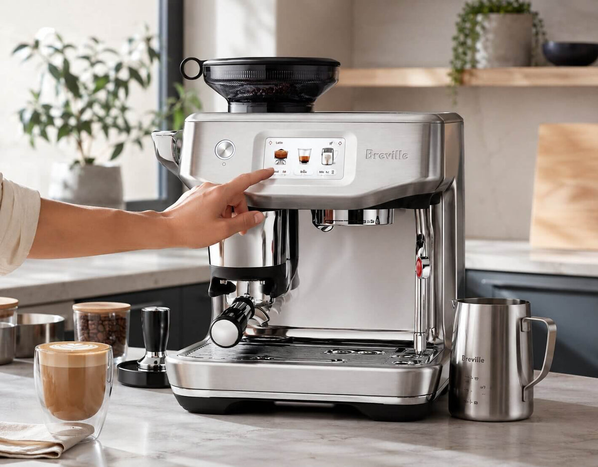 Breville Barista Touch Impress brushed stainless steel espresso machine with touchscreen and integrated grinder on kitchen counter