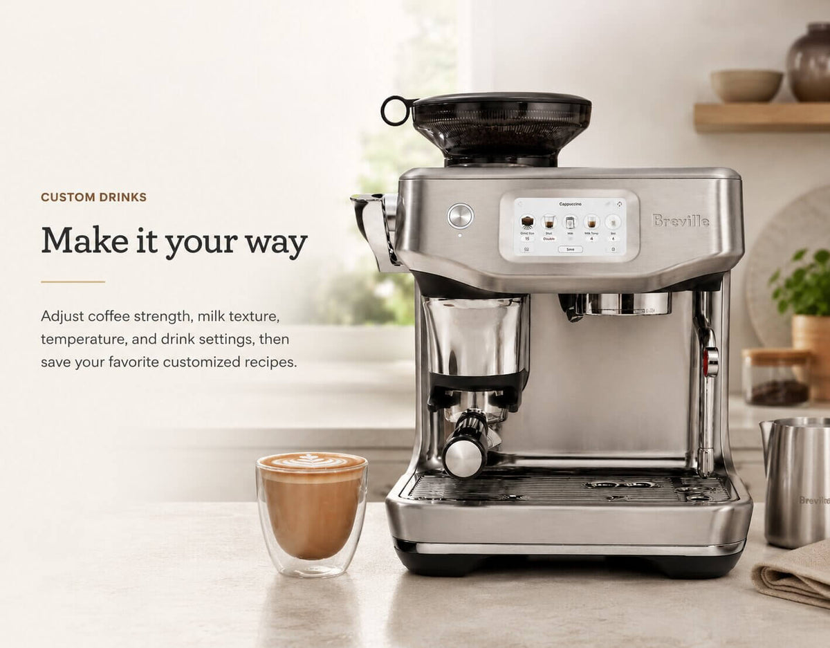 Breville Barista Touch Impress touchscreen displaying customizable café drink menu