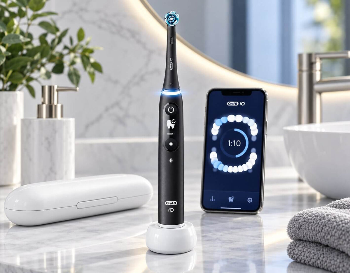 Oral-B iO Series 6 Luxe Black Lava rechargeable electric toothbrush with interactive display and round Ultimate Clean brush head