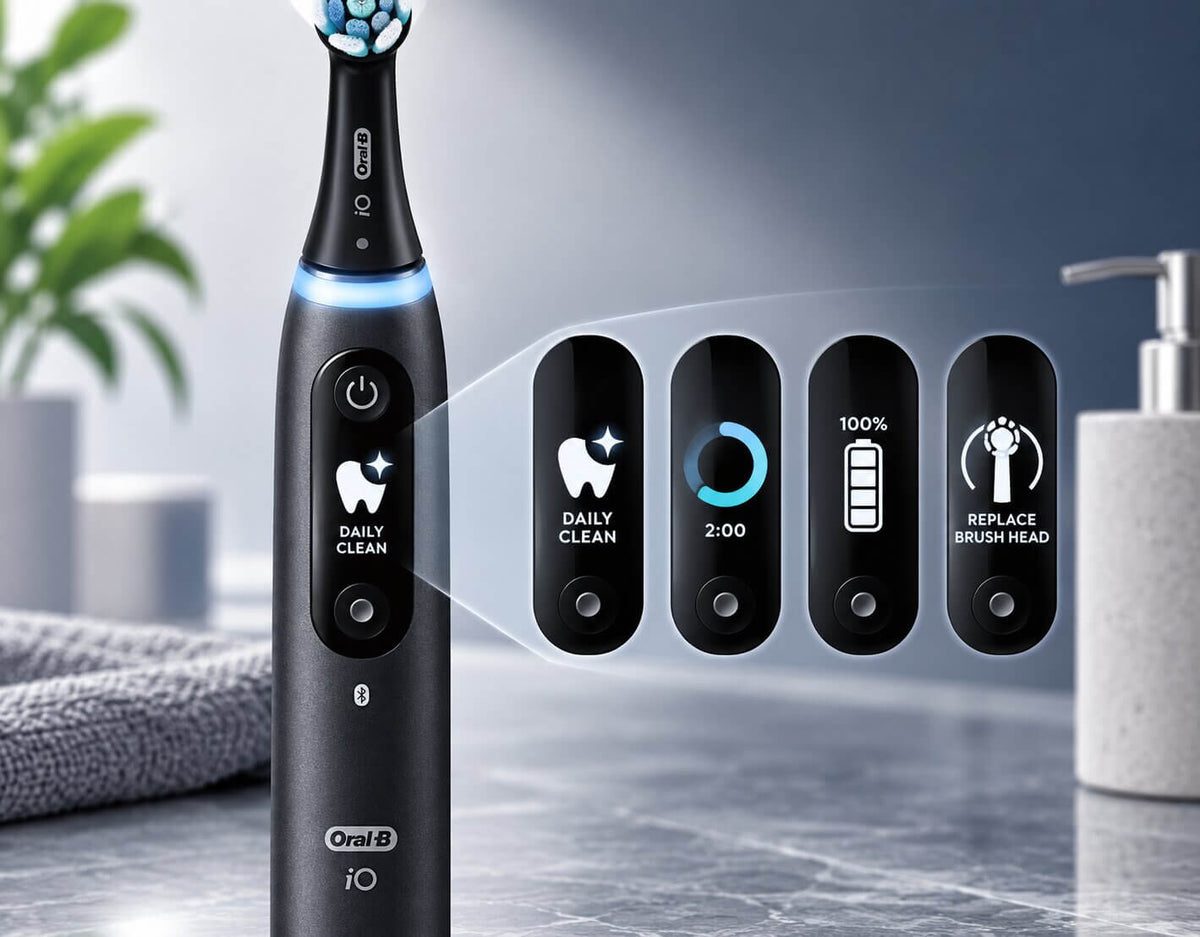 Oral-B iO Series 6 interactive display showing brushing mode and timer information