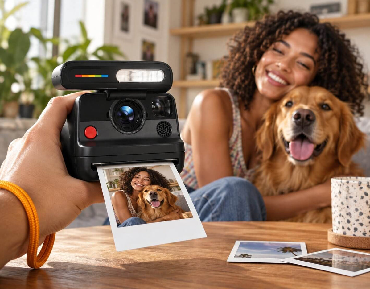 Polaroid Flip Black instant camera using sonar autofocus to focus on a subject