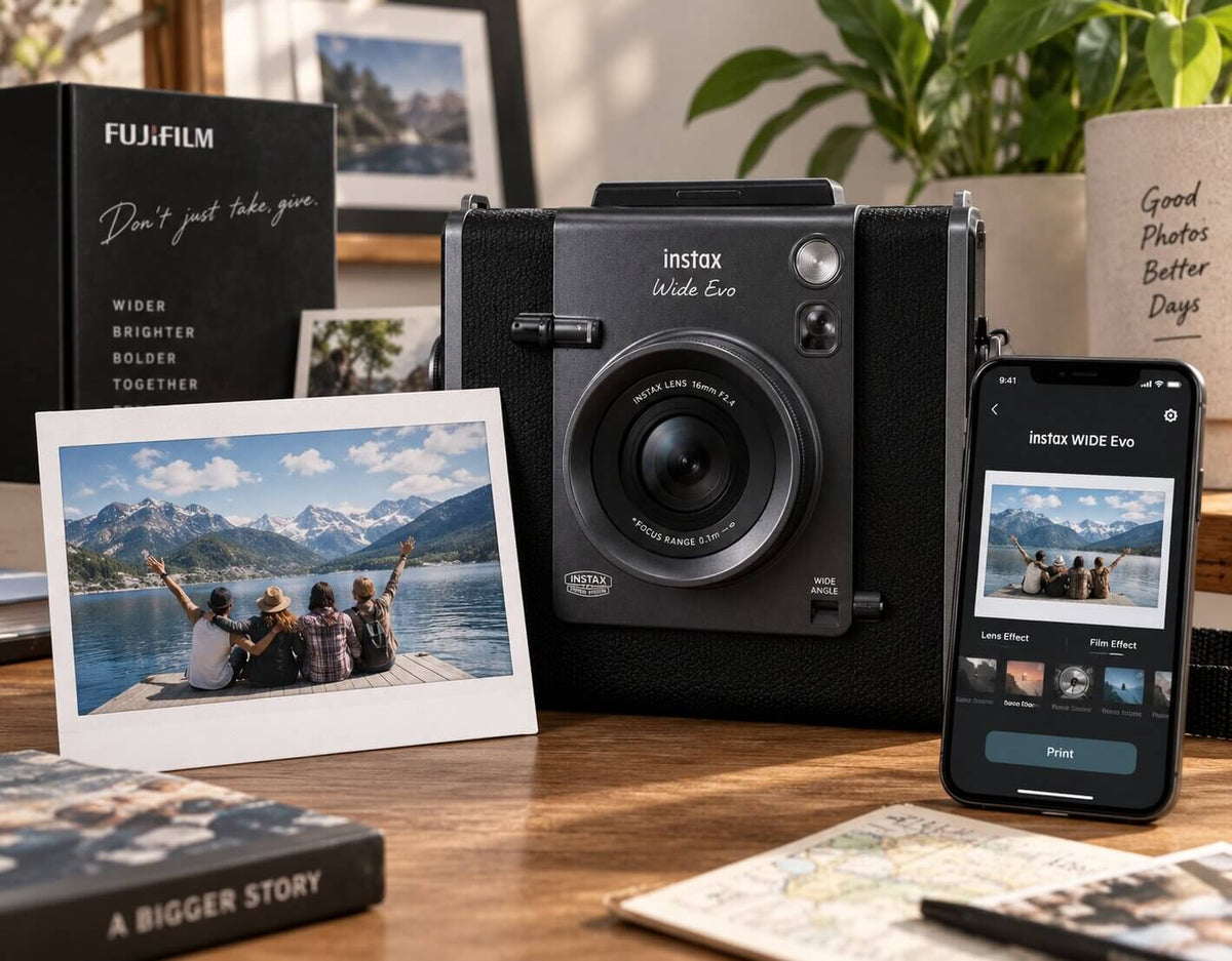 FUJIFILM instax WIDE Evo Black hybrid instant camera with wide-angle lens, LCD display and instax WIDE photo