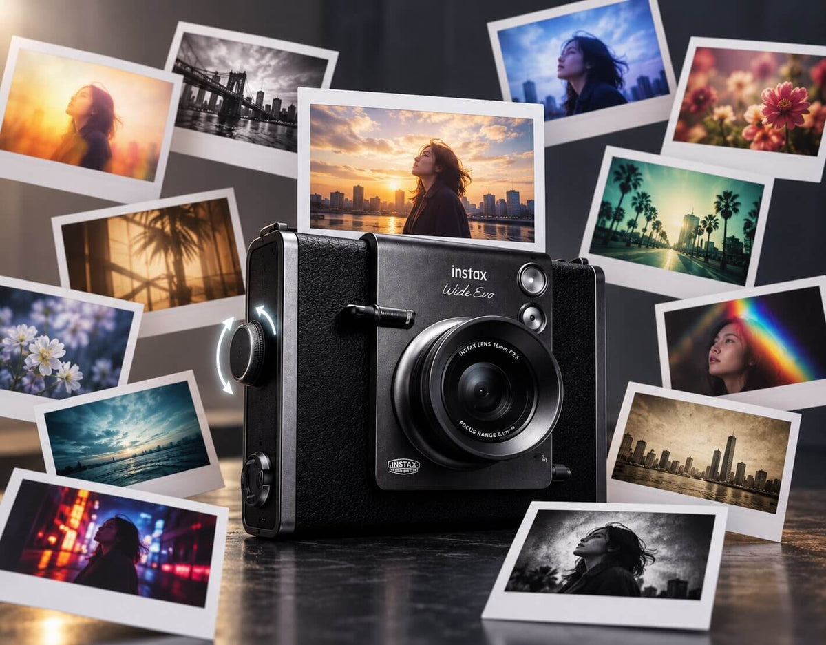 FUJIFILM instax WIDE Evo showing multiple creative lens and film effect variations