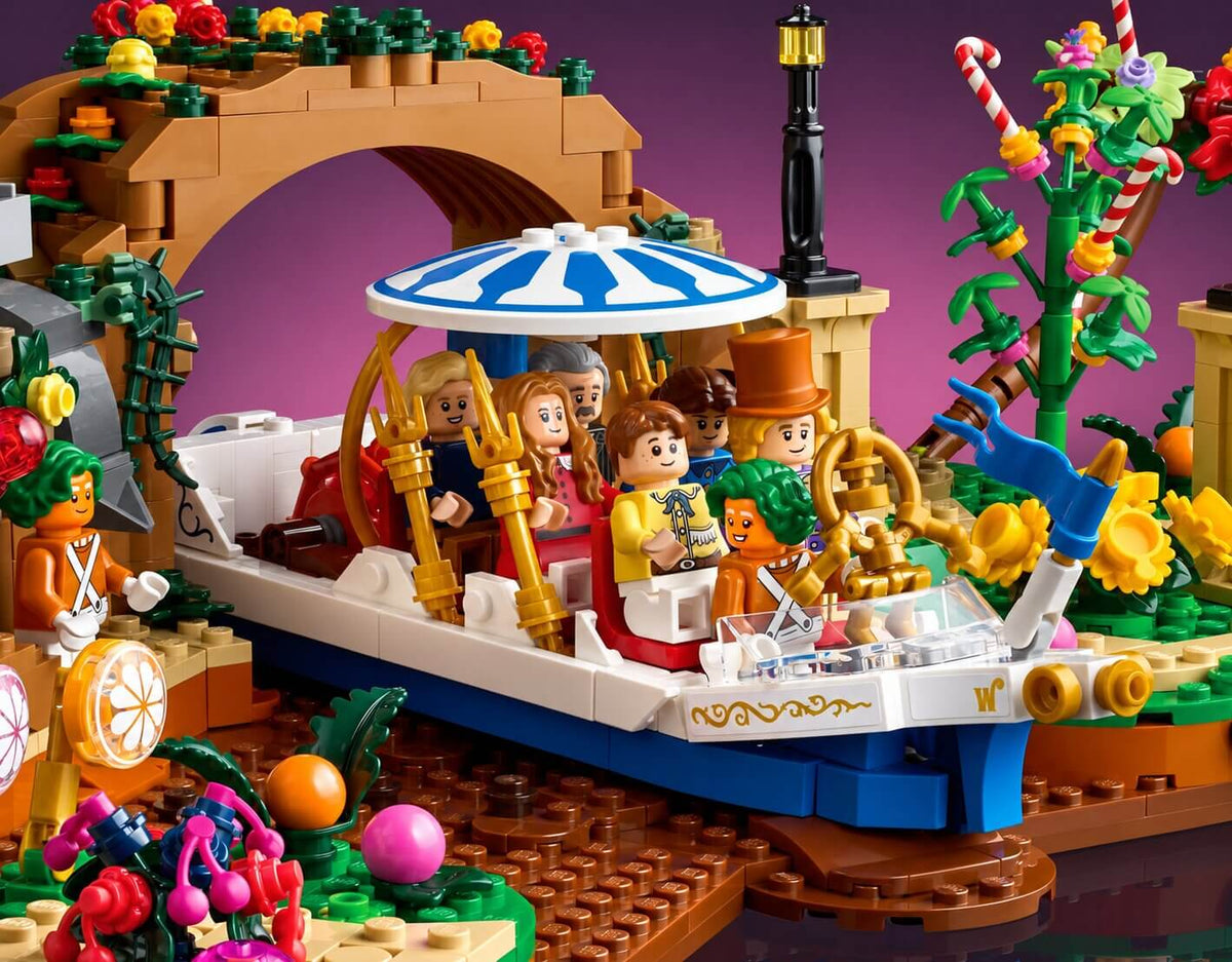 LEGO Willy Wonka Chocolate Factory detailed candy plants and hidden office doorway