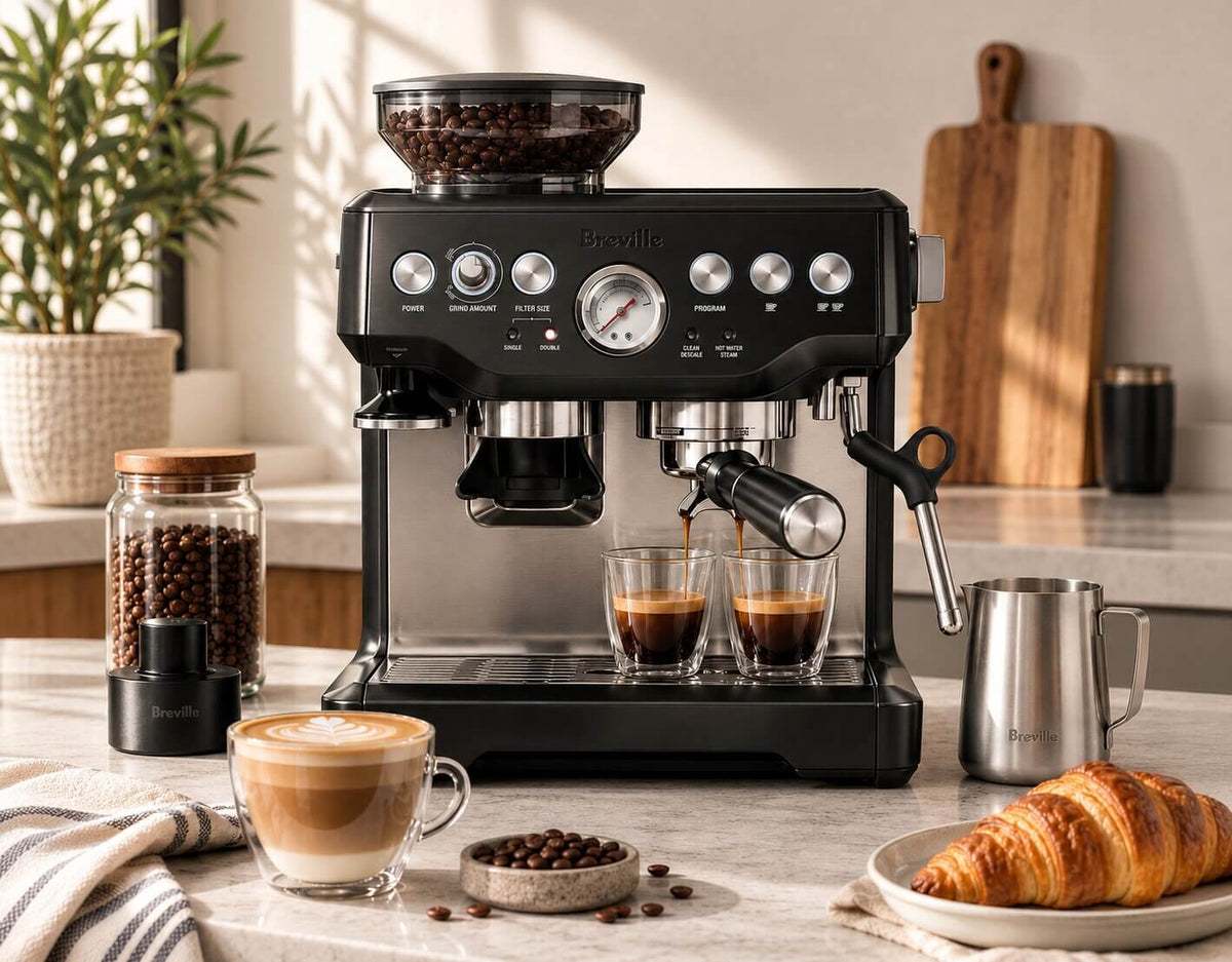 Breville Barista Express Black Stainless Steel espresso machine with built-in grinder and manual steam wand on kitchen counter