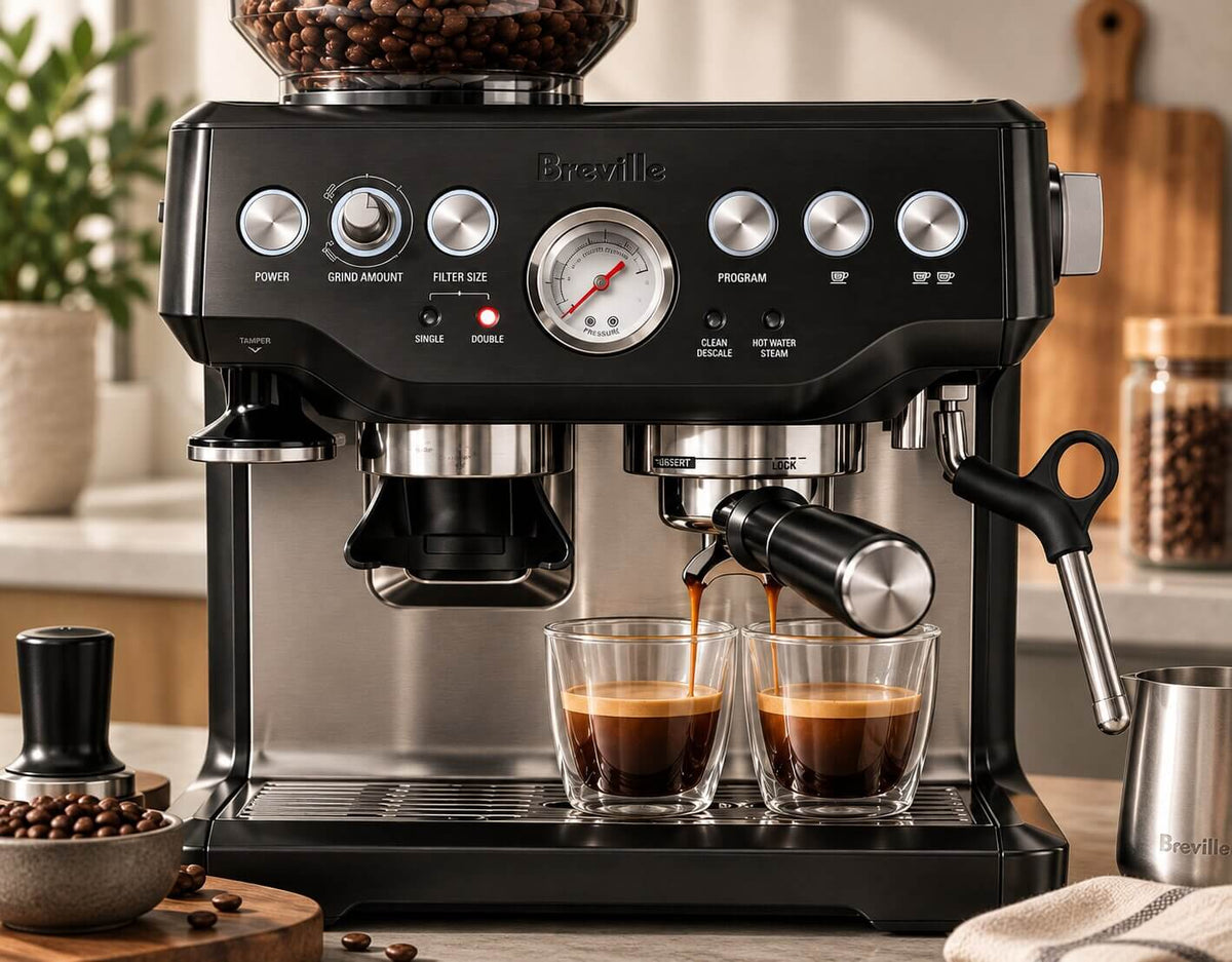 Breville Barista Express pressure gauge and espresso extraction on black stainless steel machine