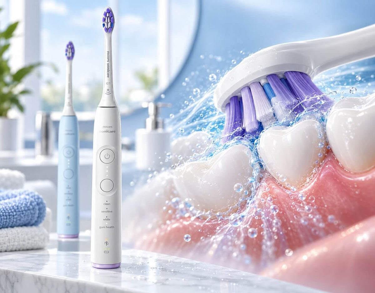 Philips Sonicare Supreme Clean toothbrush showing sonic fluid action cleaning between teeth and along gumline