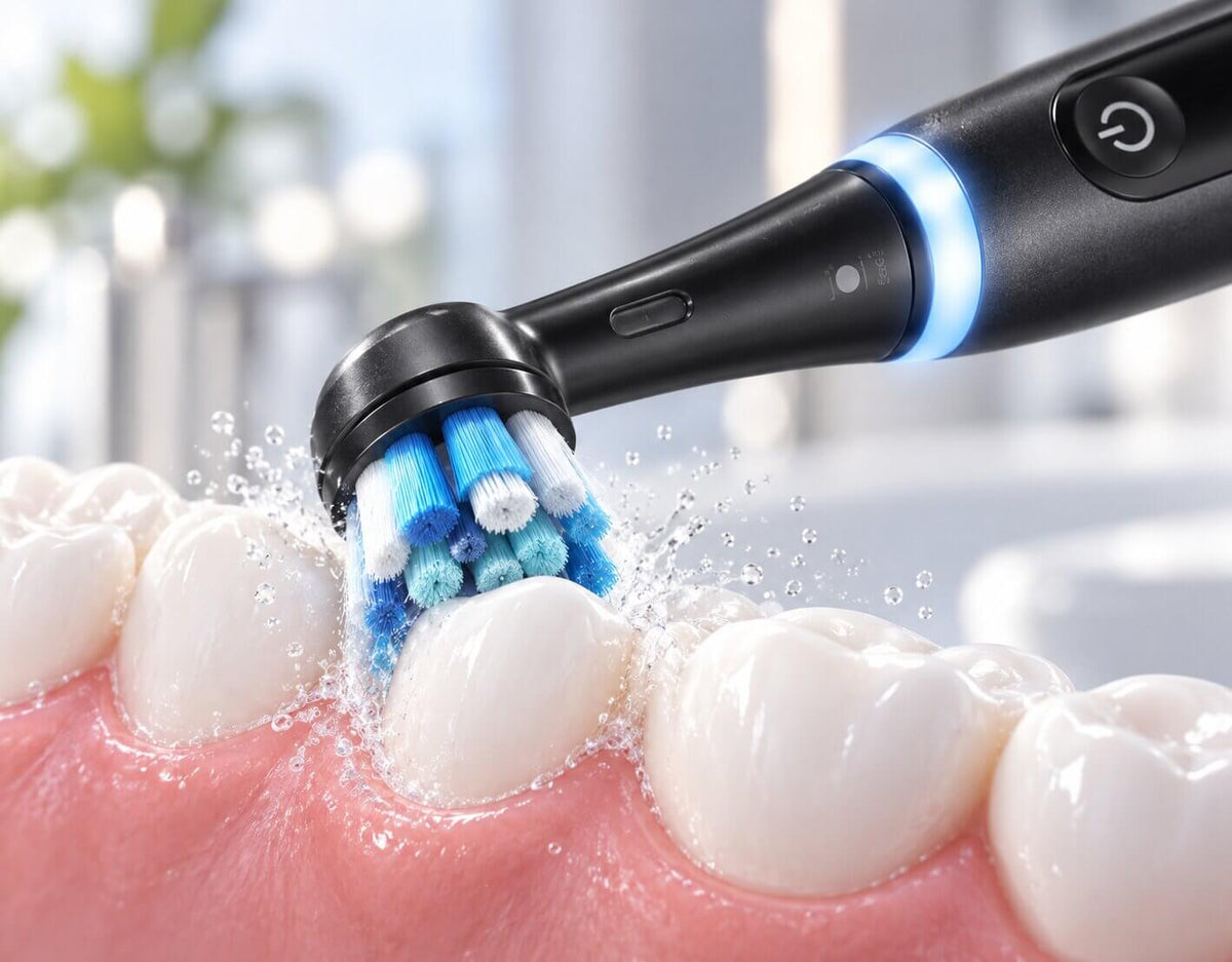 Oral-B iO Series 5 Matte Black rechargeable electric toothbrush with round Ultimate Clean brush head and Smart Pressure Sensor