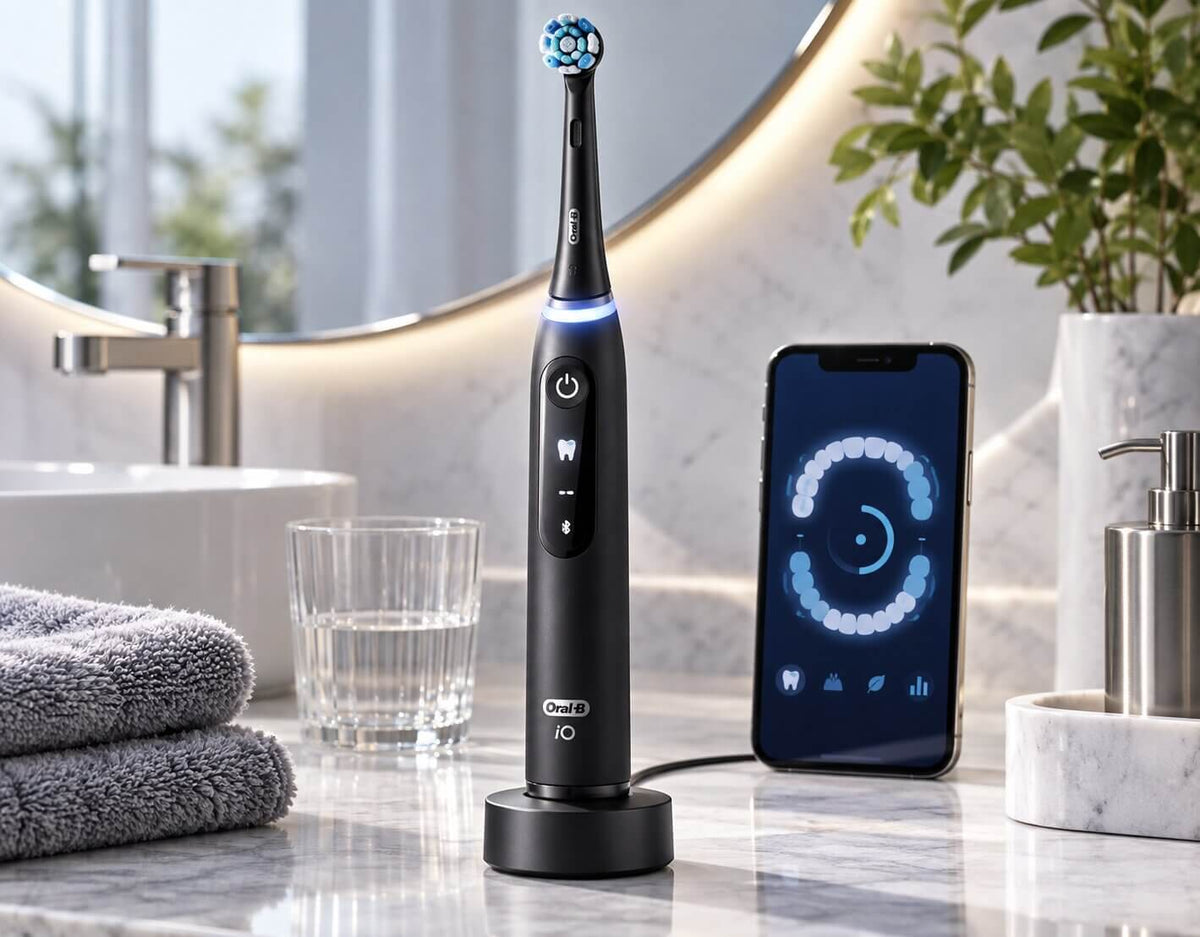 Oral-B iO Series 5 Matte Black toothbrush showing illuminated Smart Pressure Sensor during brushing