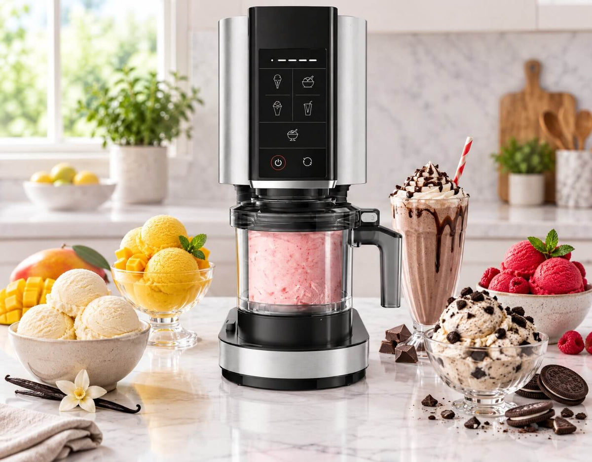 Ninja CREAMi NC300 surrounded by ice cream sorbet and milkshake creations