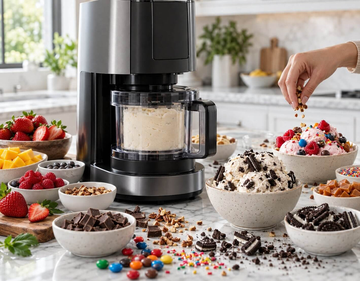 Ninja CREAMi ice cream with cookies chocolate candy fruit and nut mix-ins