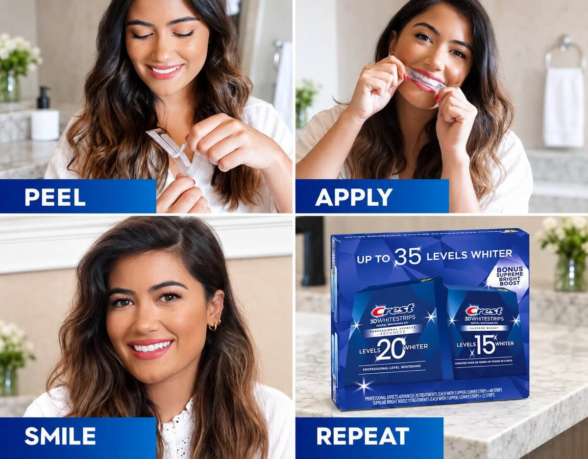 Crest 3DWhitestrips Professional-Level Whitening Effects creating a noticeably brighter smile at home