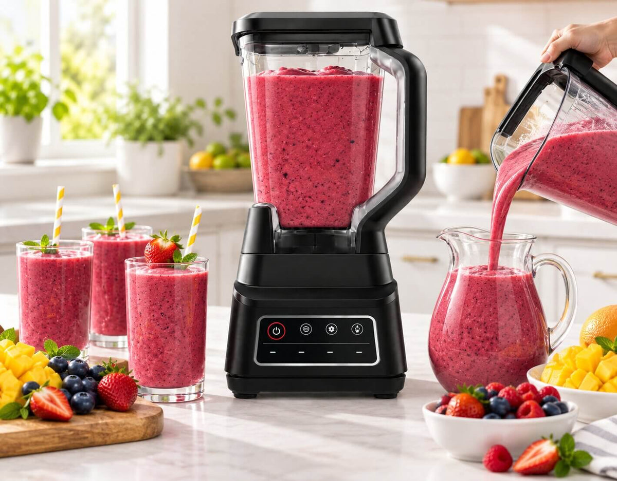 Ninja Professional Plus BN700 preparing a large batch of smoothies in the 72 oz pitcher
