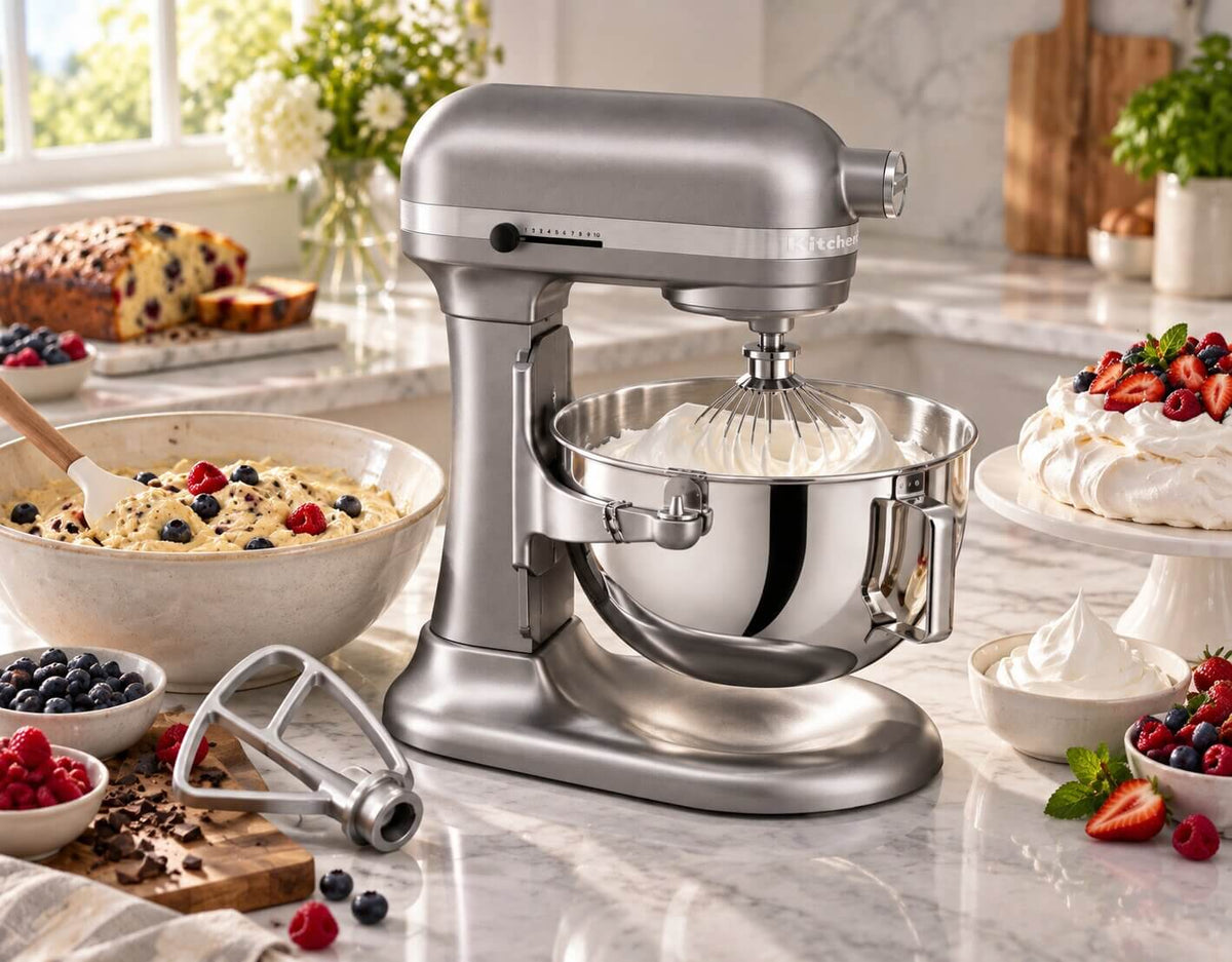 KitchenAid KSM55 stand mixer showing gentle folding and high-speed whipping applications