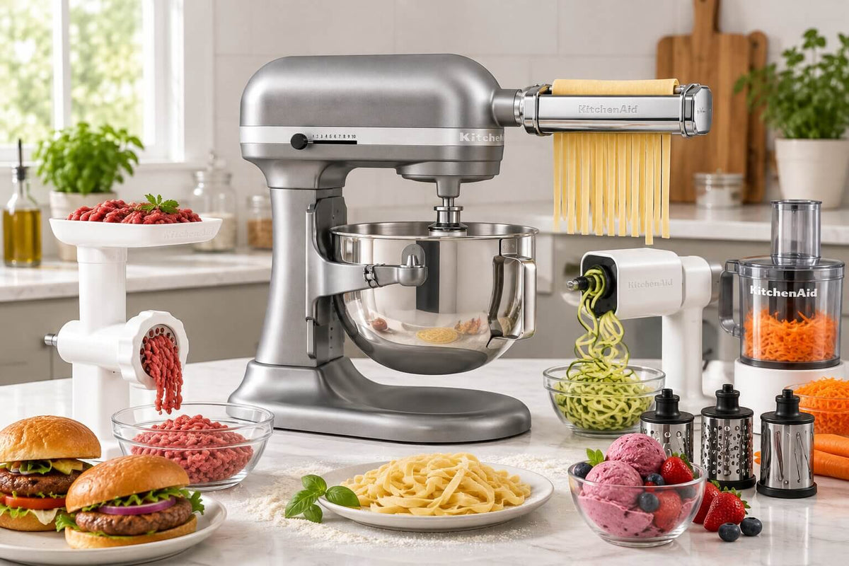 KitchenAid KSM55 stand mixer with pasta vegetable spiralizer and food prep attachments