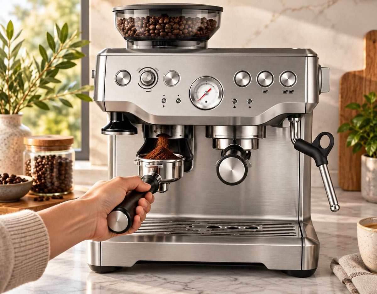 Breville Barista Express BES870XL grinding fresh coffee beans directly into the portafilter