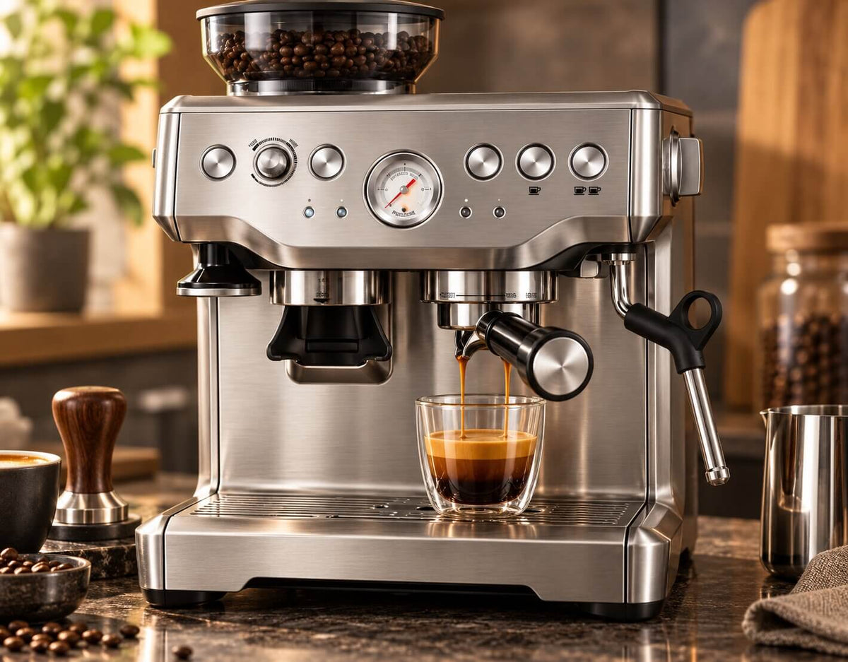 Breville Barista Express BES870XL extracting espresso with rich crema and pressure gauge visible
