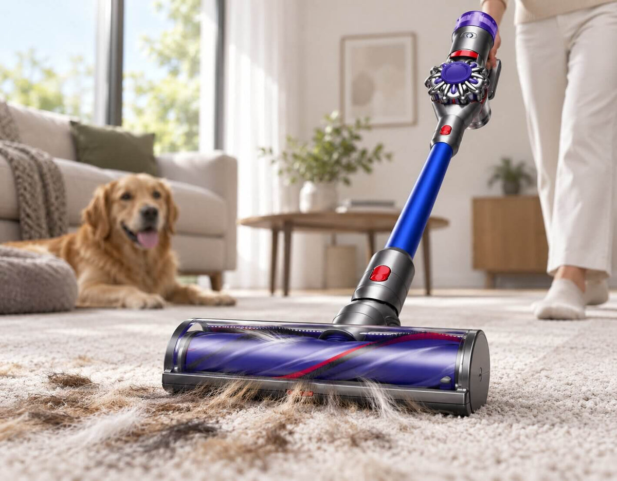 Dyson V8 Origin Extra Motorbar cleaner head removing pet hair from carpet