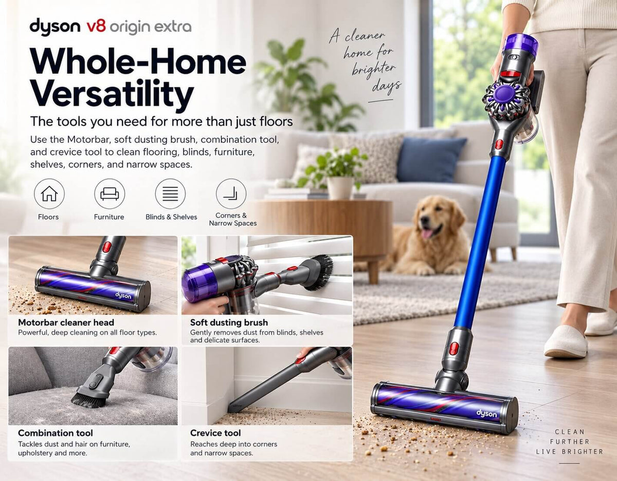 Dyson V8 Origin Extra with Motorbar soft dusting brush combination tool and crevice tool cleaning different surfaces