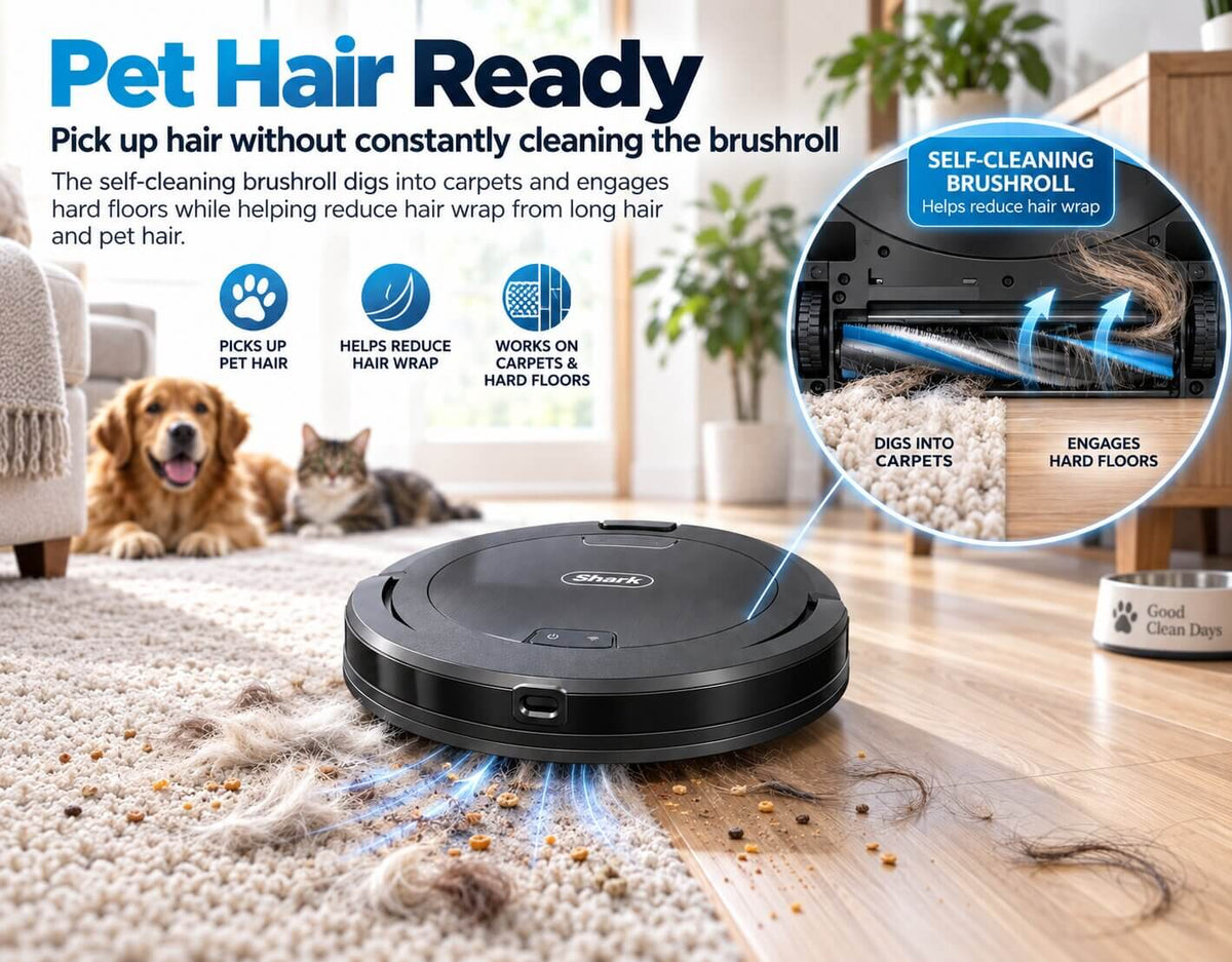 Shark Navigator RV2120AE self-cleaning brushroll removing pet hair from carpet and hard floors