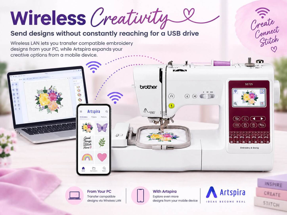 Brother SE725 receiving an embroidery design wirelessly from a laptop and Artspira mobile app