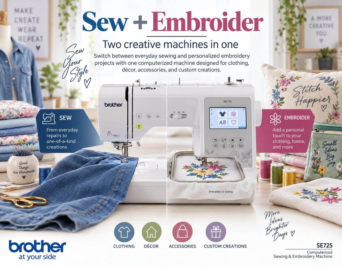 Brother SE725 sewing fabric and creating colorful embroidery designs in one machine